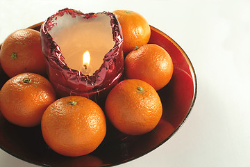 Image showing candle and fruit in a bowl