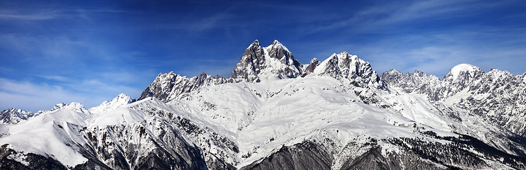 Image showing Panoramic view on Mount Ushba at wind sunny day