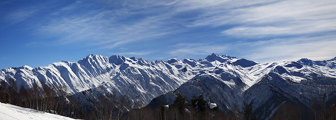 Image showing Panoramic view on sunlight snowy mountains in nice morning