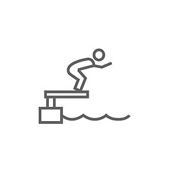 Image showing Swimmer jumping from starting block in pool line icon.