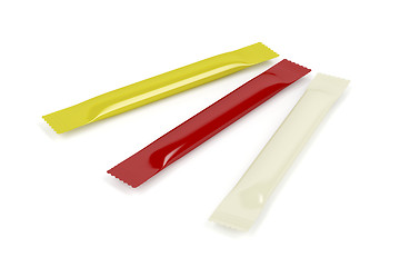 Image showing Mustard, ketchup and mayonnaise sachets