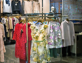 Image showing A small shop with fashionable women\'s clothing.