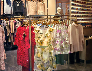 Image showing A small shop with fashionable women\'s clothing.