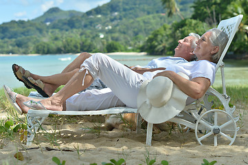 Image showing elderly couple rest at tropical beach