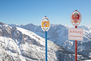 Image showing National Austrian-German borderline on Alpine mountain peak