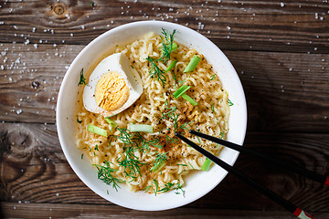 Image showing Asian noodles with fresh green onion and boiled egg