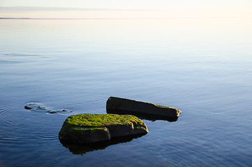 Image showing Green rocks in smooth water