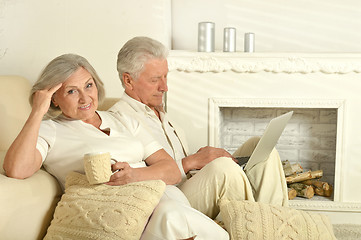 Image showing Elderly people with tea and laptop