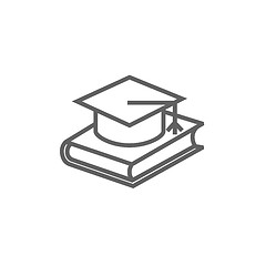 Image showing Graduation cap laying on book line icon.