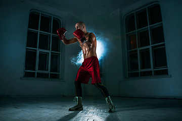 Image showing The young man kickboxing in blue smoke