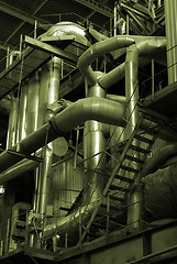 Image showing Pipes and tubes and chimney at a power plant