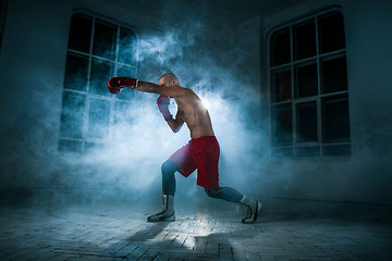 Image showing The young man kickboxing in blue smoke