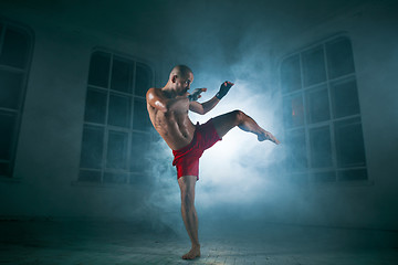 Image showing The young man kickboxing in blue smoke