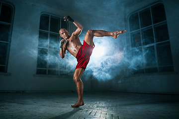 Image showing The young man kickboxing in blue smoke