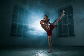 Image showing The young man kickboxing in blue smoke