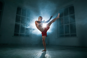 Image showing The young man kickboxing in blue smoke