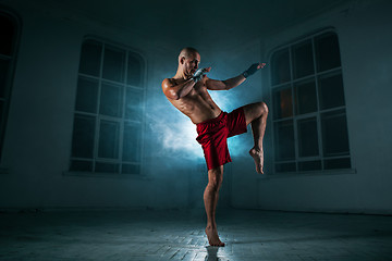 Image showing The young man kickboxing in blue smoke