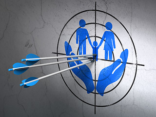 Image showing Insurance concept: arrows in Family And Palm target on wall background