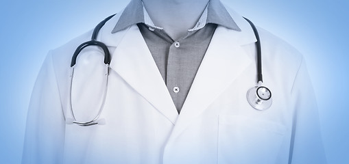 Image showing Close up of male doctor with stethoscope, medical blue
