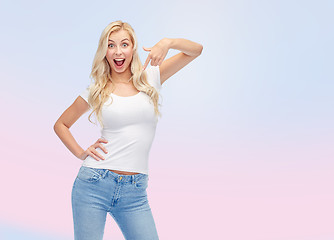 Image showing happy young woman or teenage girl in white t-shirt