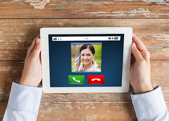 Image showing close up of hands with incoming call on tablet pc