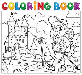 Image showing Coloring book hiker near castle