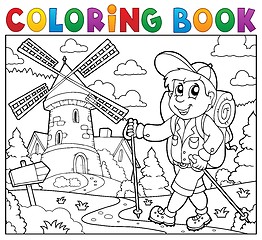Image showing Coloring book hiker near windmill
