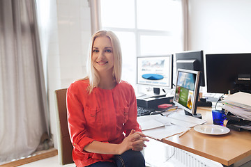 Image showing happy creative female office worker with computers