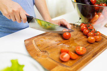 Image showing close up of woman chopping tomatoes with knife