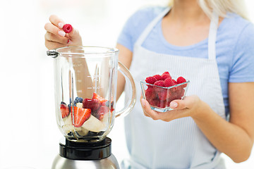 Image showing close up of woman with blender making fruit shake