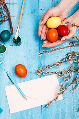 Image showing The top view of easter on wooden table office workplace