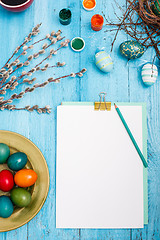 Image showing The top view of easter on wooden table office workplace