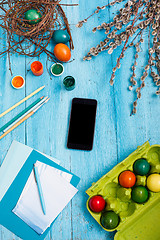 Image showing The top view of easter on wooden table office workplace