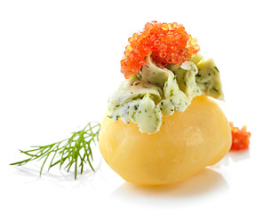 Image showing boiled poato decorated with green butter and red caviar