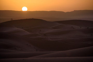 Image showing Sunset over the dunes, Morocco, Sahara Desert