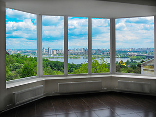 Image showing window with a view of Kyiv in spring