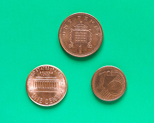 Image showing Dollars, Euro and Pounds - 1 Cent, 1 Penny