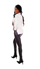 Image showing Lovely African American woman in leather pants.