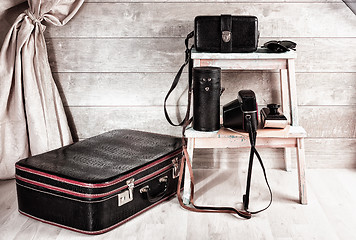 Image showing Group of vintage leather bags for photographic equipment