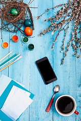 Image showing The top view of easter on wooden table office workplace