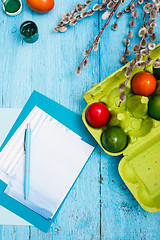 Image showing The top view of easter on wooden table office workplace