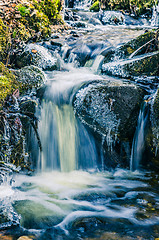 Image showing The flow of water in the spring of icicles and ice