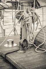 Image showing Blocks and rigging of an old sailboat, close-up  