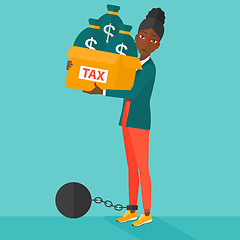 Image showing Chained woman with bags full of taxes. 