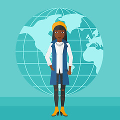 Image showing Business woman standing on globe background.