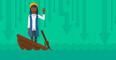 Image showing Business woman standing in sinking boat.