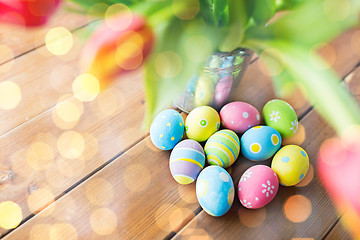 Image showing close up of easter eggs and flowers in bucket