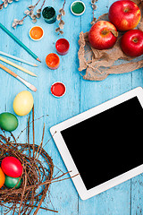 Image showing The top view of easter on wooden table office workplace