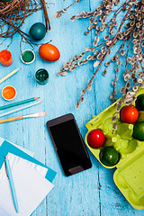 Image showing The top view of easter on wooden table office workplace