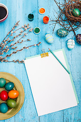 Image showing The top view of easter on wooden table office workplace